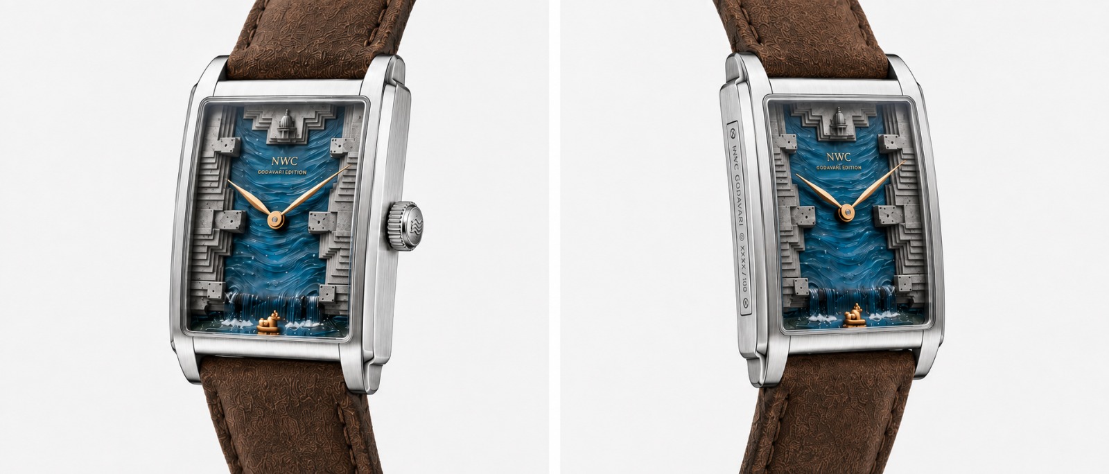 Two views of the rectangular Godavari Edition watch prototype with a blue ghat-inspired dial